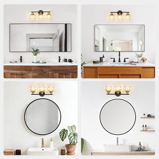 TALOYA Bathroom Vanity Light Fixtures, 3-Light Modern Black and Gold Wall Lights Over Mirror with Gradient Green Tulip Glass Shades Bathroom Wall Lamp for Mirror, Living Room,Hallway, Cabinet Porch