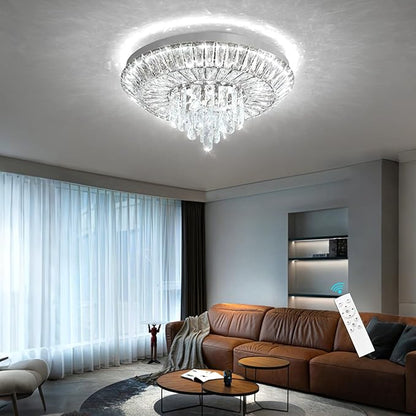 Crystal Chandelier 40W Modern Round Ceiling Light Fixture LED Raindrop Chandeliers Dimmable with Remote for Dining Room Living Room Entryway Hallway Bedroom Silver