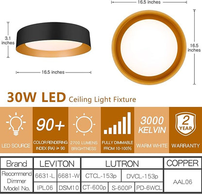 Bargeni 16.5 Inch LED Ceiling Light Fixture, Dimmable Flush Mount Matte Black With Gold Inside, 3000K/Warm White/30W, Modern Light Fixtures Mount for Bedroom, Outdoor, Foyer