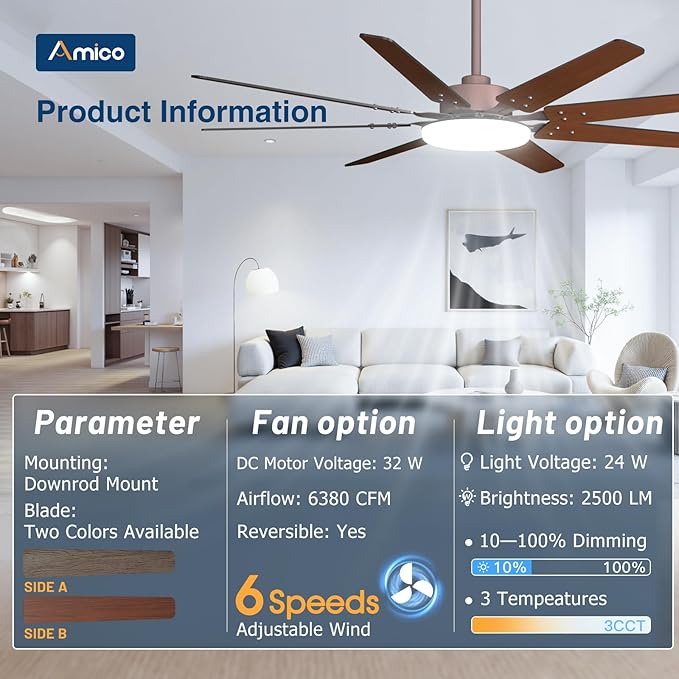 Amico 64 Inch Ceiling Fans with Lights and Remote,Indoor/Outdoor Ceiling Fan with 6 Speed Reversible Quiet DC Motor, 3CCT,Dimmable,Brown Modern Ceiling fan For Living Room, Bedroom, Patio