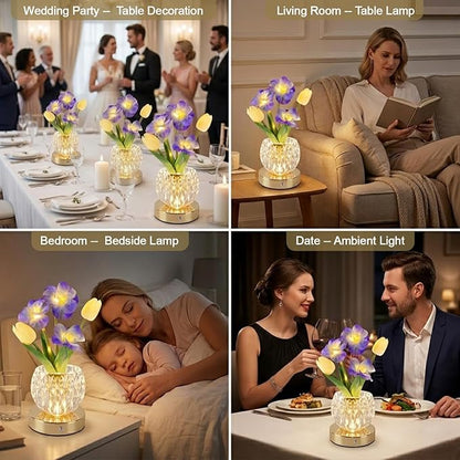Flower Table Lamp, 3 Colors Touch Dimming Tulip Night Light, Rechargeable Artificial Flower Light, LED Flower with Vase Lamp Romantic Decor for Date Party Home (Blue-Sakura)
