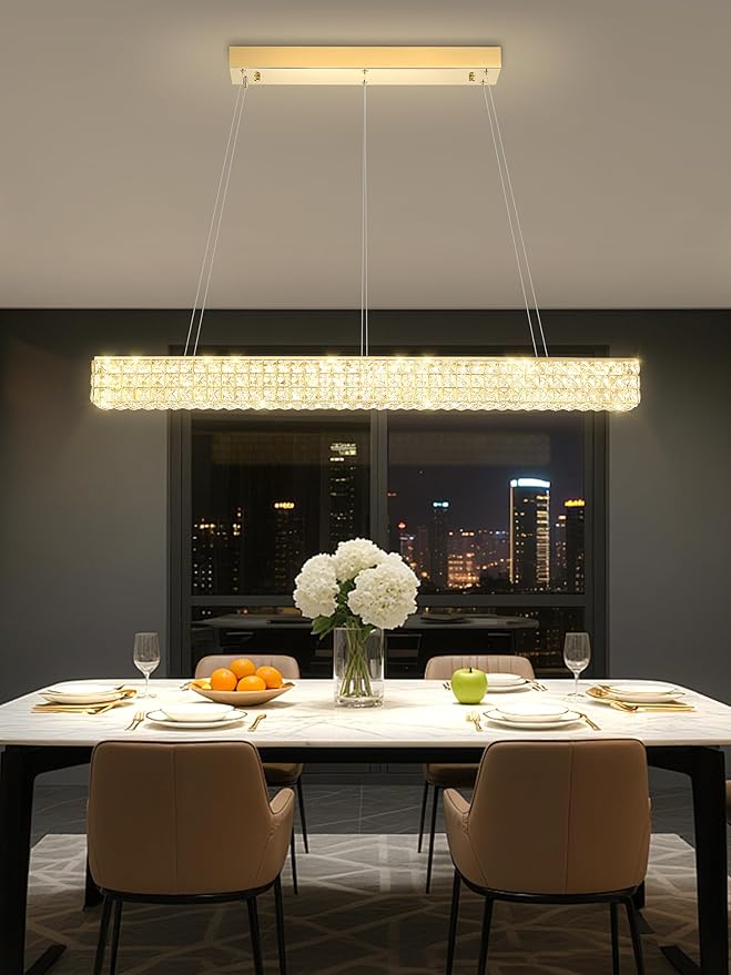 ykolupty W48 Rectangular Gold Crystal Chandelier Modern Rectangle Pendant Ceiling Light Fixture for Living Room Dining Room Kitchen Island Bar