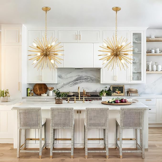 Modern 20in Gold Sputnik Chandelier 9-Lights Mid-Century Starburst Chandelier Solid Metal Firework Satellite Urchin Light Fixture Over Table for Foyer Dining Room Kitchen Bedroom Living Room