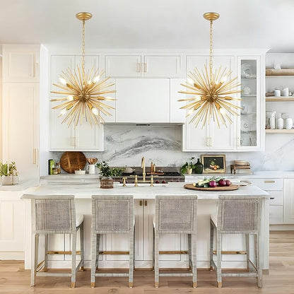Modern 20in Gold Sputnik Chandelier 9-Lights Mid-Century Starburst Chandelier Solid Metal Firework Satellite Urchin Light Fixture Over Table for Foyer Dining Room Kitchen Bedroom Living Room
