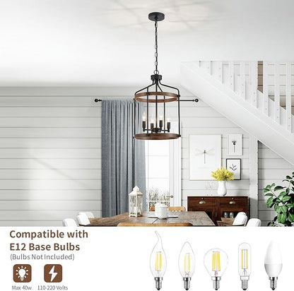 Modern Black Chandelier, 4-Light Farmhouse Dining Room Light Fixture Over Table, Muted Black with Retro Wood Texture Shade, Rustic Cage Hanging Pendant Lighting for Hallway Entryway Kitchen Bedroom