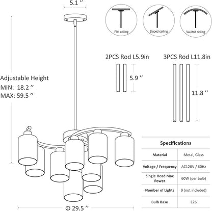 CNRATYE 9-Light Gold Glass Chandelier, Adjustable Height Dining Room Light Fixtures Over Table, Contemporary Hanging Chandelier for Kitchen Island Living Room Foyer Office, Clear Glass Shade