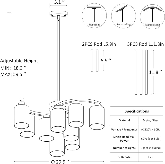 CNRATYE 9-Light Black Modern Chandeliers for Dining Room, Adjustable Height Farmhouse Kitchen Island Lighting, Industrial Hanging Light Fixtures for Living Room Bedroom, Clear Glass Shade