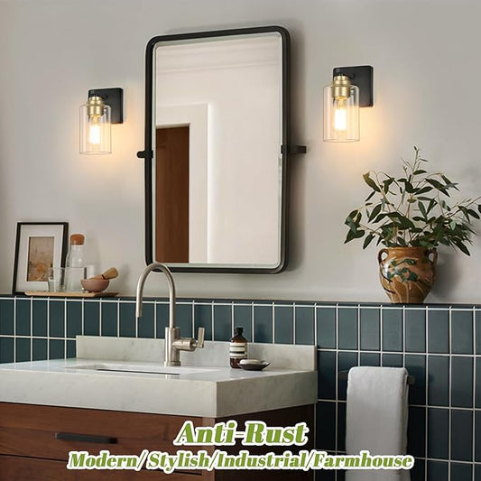 Set of 2 Wall Sconces for Bathroom, Modern Vanity Light Fixtures, Black and Gold Wall Mount Lighting Lanterns, Farmhouse Wall Lights with Clear Glass Shade for Bedroom Living Room Mirror Hallway