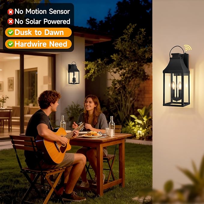 tewei Dusk to Dawn Outdoor Lighting Fixture, 20'' Large Porch Lights Outdoor Sconce Lights, 2-Light Black Exterior Lights for House Waterproof Outside Patio Lanterns for House Garage, 1-Pack