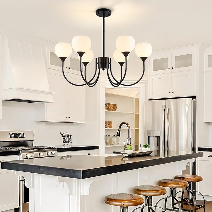 Mid Century Chandelier Light Fixture Black Sputnik Pendant 6 Lights, Modern Ceiling Light Fixture with Milk Glass Globe Adjustable for Dining Room Living Room Bedroom