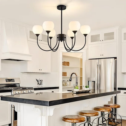 Mid Century Chandelier Light Fixture Black Sputnik Pendant 6 Lights, Modern Ceiling Light Fixture with Milk Glass Globe Adjustable for Dining Room Living Room Bedroom