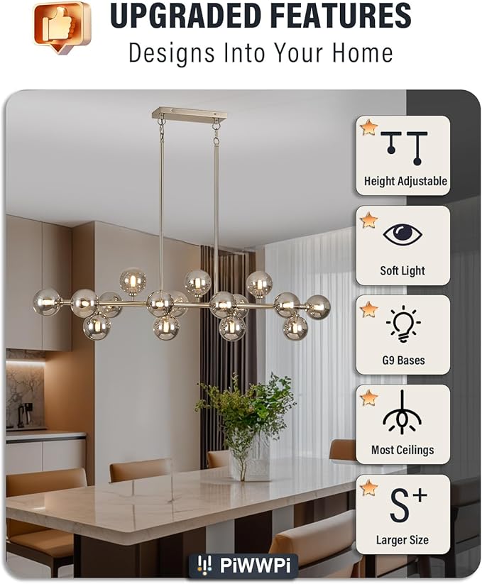 55" Long Chandeliers for Dining Room Kitchen Island, Large Globe Sputnik Linear Chandelier, 16 Lights Mid Century Modern Light Fixture Over Table, Nickel and Smoke Grey Bubble, GC-08
