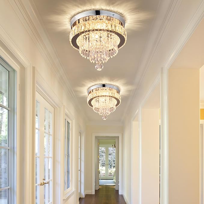 Crystal Chandeliers 11.8" Modern Crystal Light Fixtures LED Flush Mount Chandelier Ceiling Light Chandeliers for Bedrooms Living Room Dining Room Chrome (Warm White)