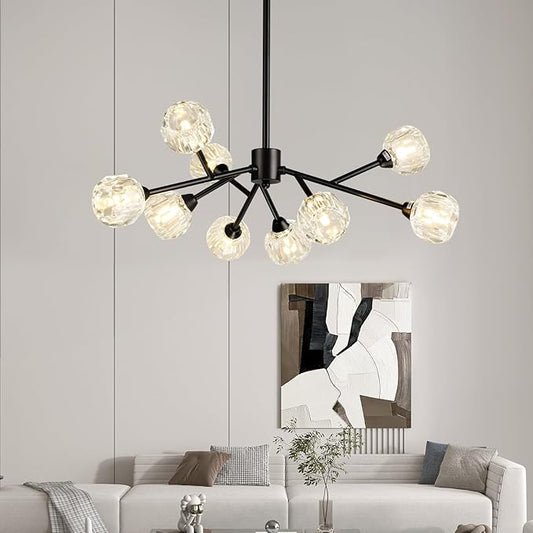 Weesalife Sputnik Chandeliers for Dining Room Light Fixture Over Table, Modern Crystal Chandeliers, 9 Lights Black Lighting Fixtures for Living Room Bedroom Kitchen Island Bar