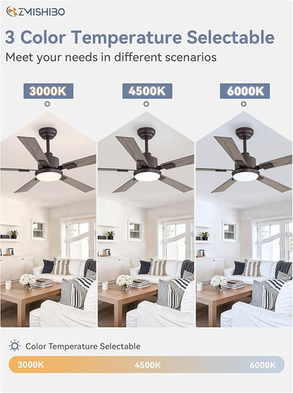 ZMISHIBO 52 inch Bronze Ceiling Fans with Lights and Remote, Indoor/Outdoor Farmhouse Ceiling Fan for Bedroom Living Room Patio, 6 Speed Reversible Quiet DC Motor, 3 CCT, Dual Finish Blades