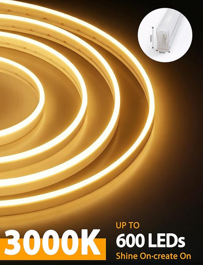 Lamomo LED Neon Lights, 12V Warm White Dimmable LED Strip Lights, 16.4ft/5m Waterproof LED Neon Rope Lights, Silicone 3000K Neon LED Strip for Bedroom Indoor Home Decor (Power Adapter Included)