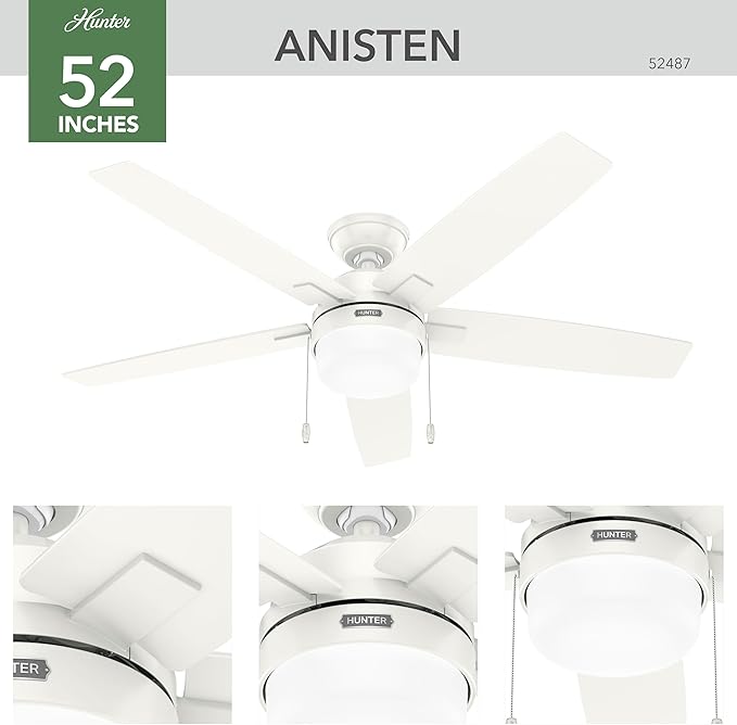 Hunter 52 inch Indoor Ceiling Fan with LED Light - White Ceiling Fan with Pull Chain, for Bedroom or Living Room, Standard Mount, No Remote, 5 Blades, Includes Bulbs - Anisten 52487, Fresh White