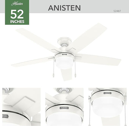 Hunter 52 inch Indoor Ceiling Fan with LED Light - White Ceiling Fan with Pull Chain, for Bedroom or Living Room, Standard Mount, No Remote, 5 Blades, Includes Bulbs - Anisten 52487, Fresh White