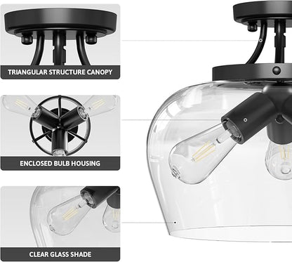 VONLUCE Semi Flush Mount Ceiling Light, 13.8" Ceiling Light Fixture with Clear Glass Shade, E26 Base, 3-Bulb Industrial Lighting Fixture for Hallway Entryway Bedroom, Matte Black, ETL Certificated