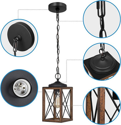 EDISHINE Farmhouse Pendant Light, Metal Hanging Light Fixture with Wooden Grain Finish, 63 Inch Adjustable Chain for Flat and Slop Ceiling, Kitchen Island, Bedroom, Dining Hall, E26 Base, 1 Pack