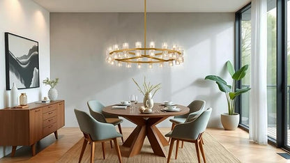 Modern 36 Inch Gold Crystal Wagon Wheel Chandelier, Large Round 36-Light Pendant Lighting Fixture, Adjustable Height for High Ceilings Living Room, Dining Room, Foyer, Entryways (gold-36in)