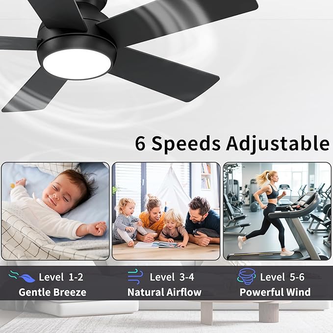 POCHFAN 42 Inch Black Ceiling Fans with Lights and Remote, LED Low Profile Flush Mount Ceiling Fan for Bedroom, Living Room, Patio, Quiet DC Motor, 5 Blades