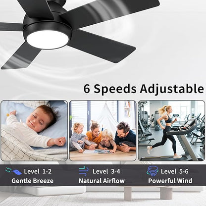 POCHFAN 42 Inch Black Ceiling Fans with Lights and Remote, LED Low Profile Flush Mount Ceiling Fan for Bedroom, Living Room, Patio, Quiet DC Motor, 5 Blades