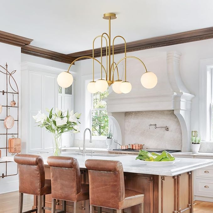 Mid Century Modern Brass Sputnik Chandelier 6-Lights Milk Glass Globe Pendant Light Fixture Nordic Gold and White Chandelier Ceiling Light for Kitchen Island Dining Room