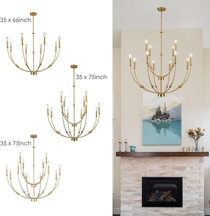 Modern Gold Chandelier, 12- Light Large Chandelier for High Ceilings, 35 inch 2-Tier Candle Style Rustic Hanging Light Fixture for Living Room Foyer Entryway