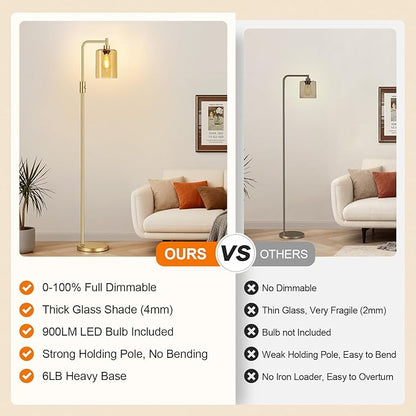 【Upgraded】Gold Dimmable Floor Lamp for Living Room with Amber Glass Lampshade, Glass Modern Floor Lamp with 900LM Bulb Included, Bright Standing Tall Lamp for Bedroom, Office, Reading Room, Corner