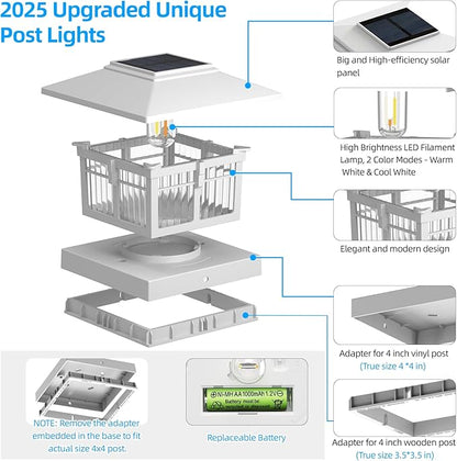 EXCMARK 4x4 Solar Post Cap Lights, 8 Pack Fence Deck Post Lights Outdoor Solar Powered Waterproof with Two Light Modes Warm&Cool White for Garden Patio Decor. (Classic White, 8)