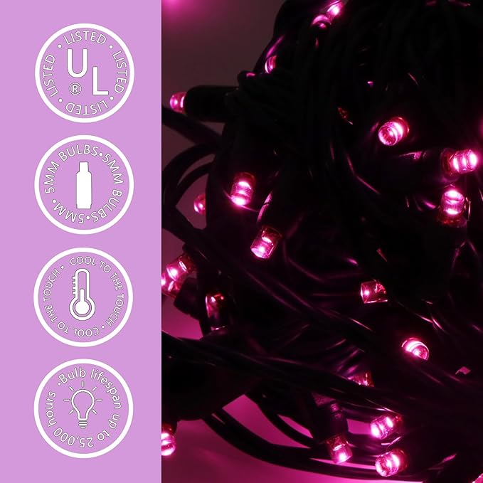 50 LED 5MM Pink Christmas Lights, 17FT Indoor/Outdoor String Light, Mini Lights for Garden, Patio, Christmas Trees - Green Wire, Commercial Grade, UL Listed