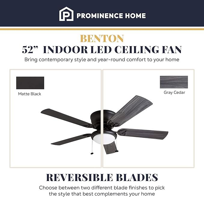 Prominence Home Benton Traditional 52 Inch Ceiling Fan with Light, LED Flush Mount Ceiling Fan, Indoor Fan with 5 Blades, Matte Black and Gray Cedar Blade Finish Options, Matte Black (50853-01)