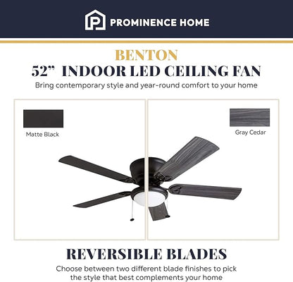 Prominence Home Benton Traditional 52 Inch Ceiling Fan with Light, LED Flush Mount Ceiling Fan, Indoor Fan with 5 Blades, Matte Black and Gray Cedar Blade Finish Options, Matte Black (50853-01)