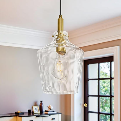 Modern Hammered Glass Pendant Lighting for Kitchen Island 1 Pack, Farmhouse Gold Pendant Light Fixtures, Height Adjustable Ceiling Pendant Light, 8 Inch