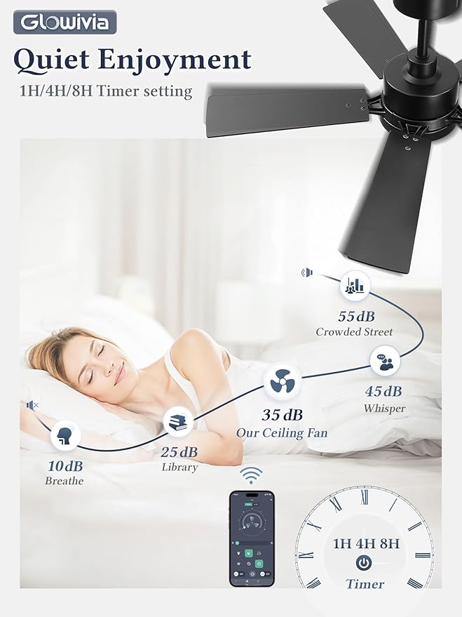 42 Inch Ceiling Fan with Lights and Remote, Smart APP Control, Dimmable with All-Setting Memory, Quiet DC Motor Reversible Blades, Damp Rated Modern Ceiling Fan for Bedroom Patio Living Room