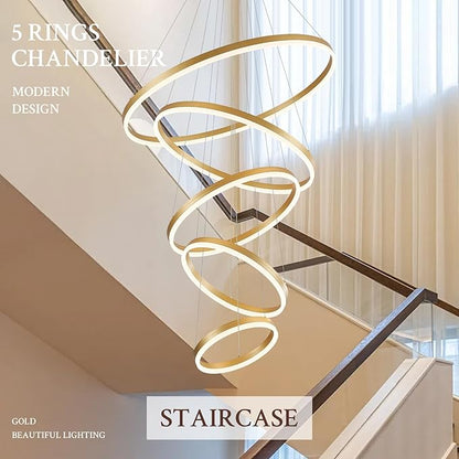 5-Rings D31.5’’ Modern LED Chandelier Gold Dimmable High Ceiling Chandeliers Foyer with Remote Control for Entryway Living Room Dining Room Staircase, 3000K-6500K