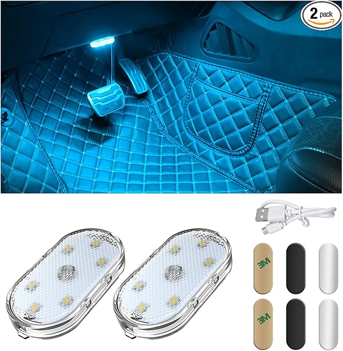Wevdn 2 PCS Car LED Lights Interior Wireless, Magnetic Car Ambient Lighting with 6 Bright LED Lamp Beads, Portable USB Rechargeable Vehicle Interior Led Night Light for Car (Ice Blue)