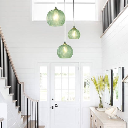 3-Light Glass Globe Light for Kitchen Island, Mid-Century Modern Pendant Ball Chandelier with Green Ribbed Lampshade, Vintage Hanging Ceiling Light Fixture for Dining Room, Over Sink, Table