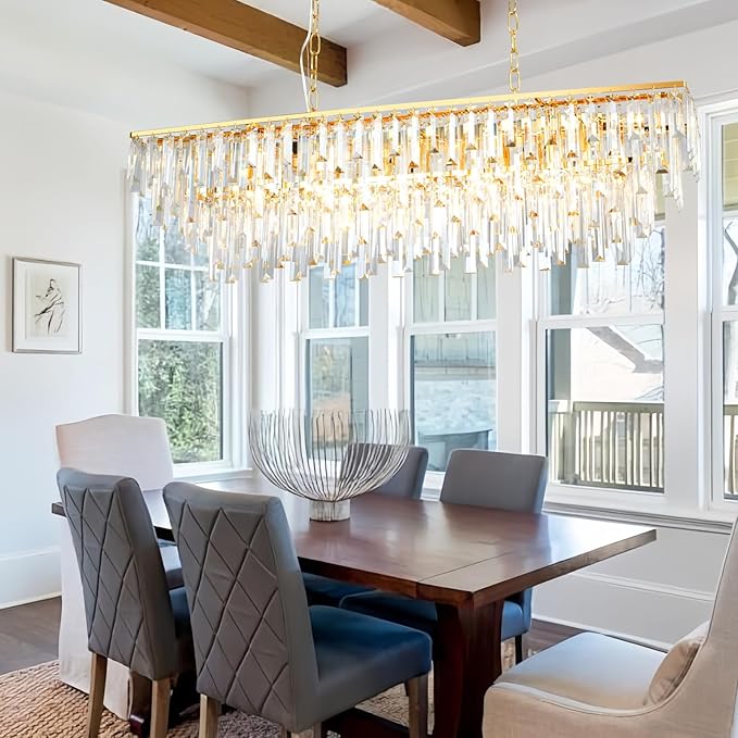 Linear Chandeliers for Dining Room, 12 Lights Rectangle Crystal Chandelier Modern Gold Pendant Light Fixture 40" for Dining Room Kitchen Table Living Room