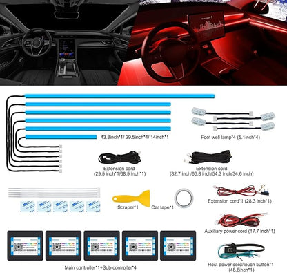 Acrylic Interior Car LED Strip Light with Wireless APP, RGB 10 in 1 with 175 inches 600 LEDs Fiber Optic Car Ambient Lighting Kits, 16 Million Colors Sound Active Function LED Strip for Car