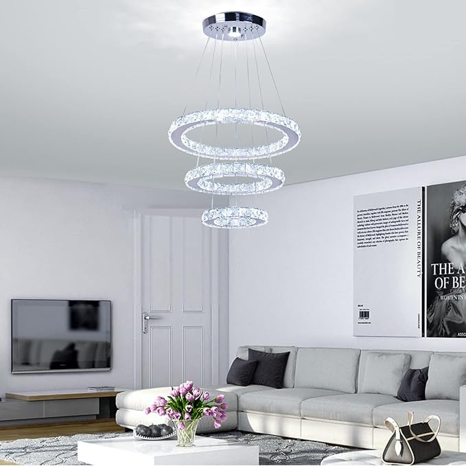 Chandelier LED Crystal Chandelier Lighting Dimmable LED Chandeliers Modern Ceiling Light Fixture 3 Rings Adjustable Stainless Steel Pendant Light for Bedrooms Living Room