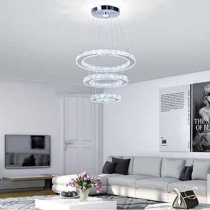 Chandelier LED Crystal Chandelier Lighting Dimmable LED Chandeliers Modern Ceiling Light Fixture 3 Rings Adjustable Stainless Steel Pendant Light for Bedrooms Living Room