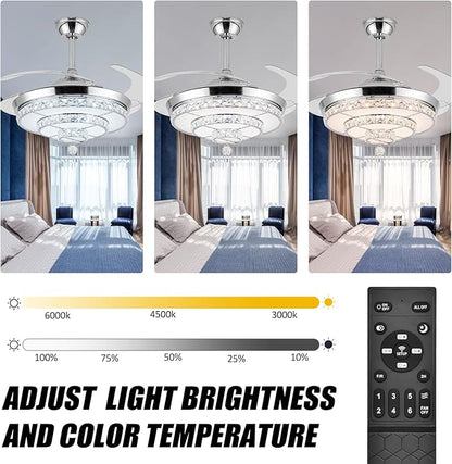 42" Fandelier Invisible Ceiling Fan Chandelier with Light,Modern Crystal Ceiling Fan Light Remote Control 4 Retractable ABS Blades for Bedroom Living Dining Room Decoration
