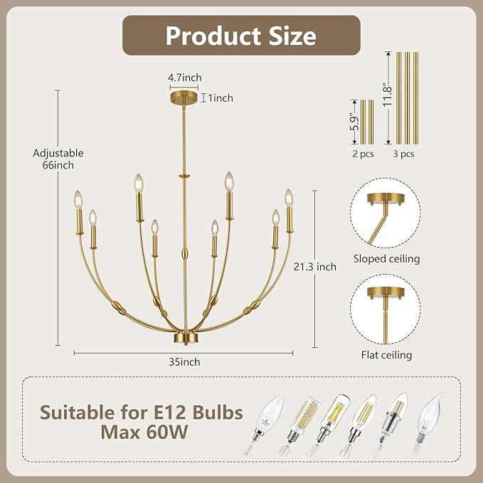 8-Light Candle Chandeliers, 35 Inch Brushed Gold Dining Room Light Fixture, Modern High Ceiling Chandeliers for Living Room, Entryway, Foyer