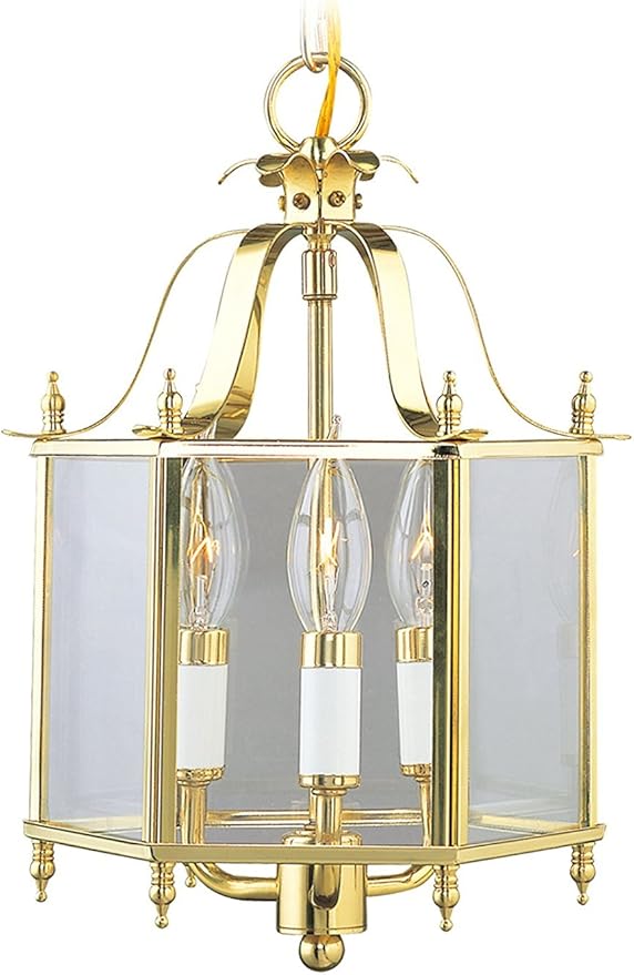 Livex Lighting 4403-02 Home Basics 3 Light Polished Brass Hanging Lantern or Flush Mount Chandelier with Clear Beveled Glass