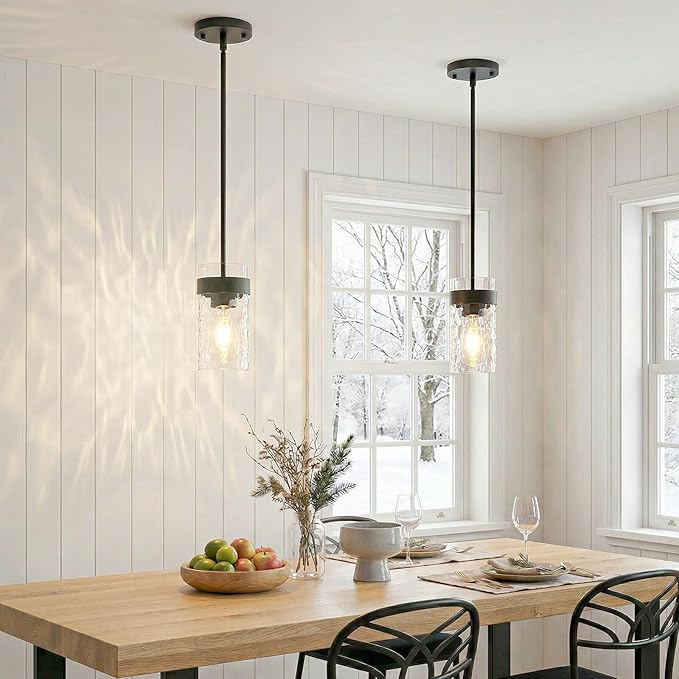 Water Ripple Glass Pendant Lights Kitchen Island Black Pendant Light Fixtures Adjustable Modern Mini Hanging Light for Sink Dining Room Foyer Entryway Bar, 1 Pack