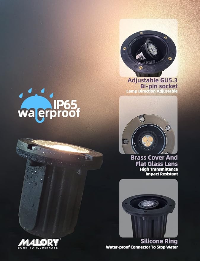 MALORY Low Voltage Landscape Lights, (φ125 mm) Brass Top Cover 12V Outdoor In Ground Lights, LED Well Lighting for Pathway, Driveway, Deck Step and Garden 1 Pack with MR16 Bulb (Flat Top)