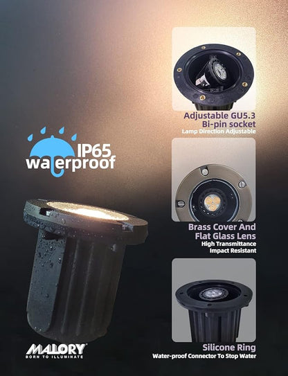MALORY Low Voltage Landscape Lights, (φ125 mm) Brass Top Cover 12V Outdoor In Ground Lights, LED Well Lighting for Pathway, Driveway, Deck Step and Garden 1 Pack with MR16 Bulb (Flat Top)