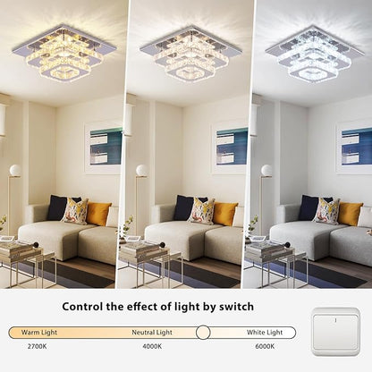 FRIXCHUR 9.8" Crystal Ceiling Light, 3-Color LED Square Flush Mount Chandelier, 2-Layer K9 Crystal Ceiling Lamp for Bedroom Living Room Dining Room Hallway Foyer 25W